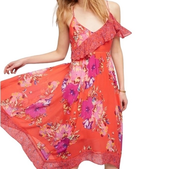 Anthropologies Maeve Grecia Orange Floral Ruffle Strap Dress Size 6 - Picture 2 of 6